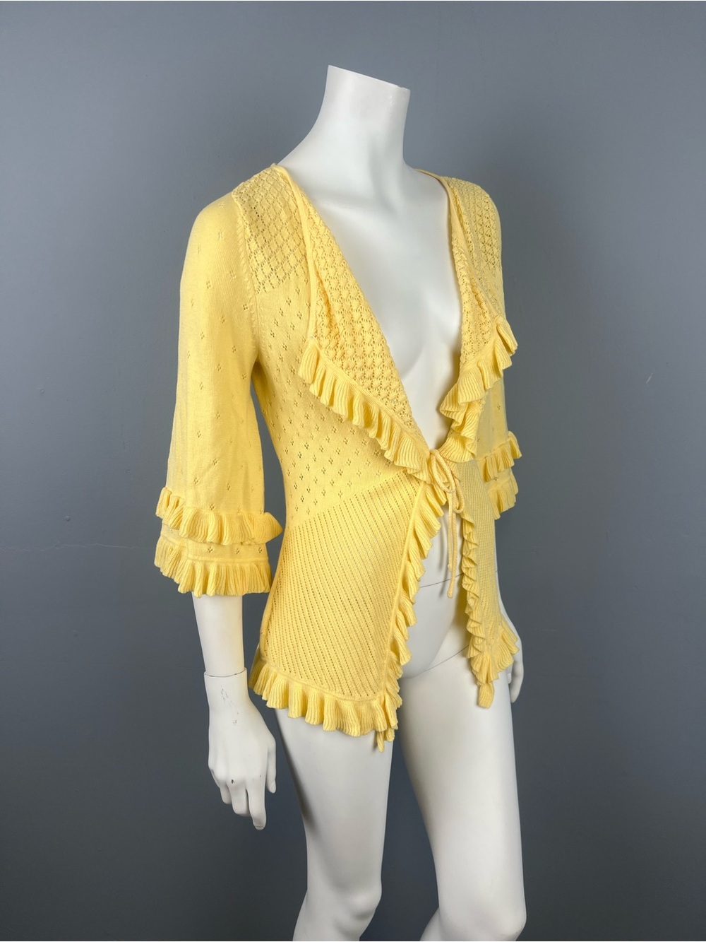 Evie 65% Cotton Butter Yellow Ruffle Tie-Front Sweater Cardigan cover-Up